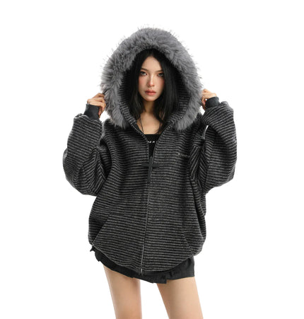 TALKLESSFASHION Striped Detachable Fur Hood Jacket