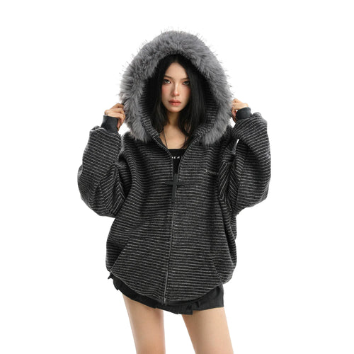 THETLSTUDIO Striped Detachable Fur Hood Jacket