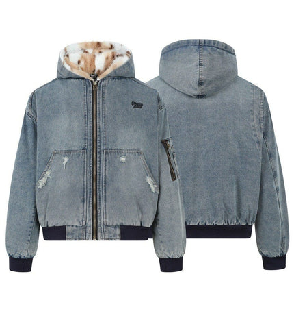 TALKLESSFASHION TaelePlus Trendy American Vintage Winter Denim Jacket Men's and Women's Leopard Print Hooded Mountain Carving Cotton Jacket TP374