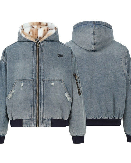 TALKLESSFASHION TaelePlus Trendy American Vintage Winter Denim Jacket Men's and Women's Leopard Print Hooded Mountain Carving Cotton Jacket TP374