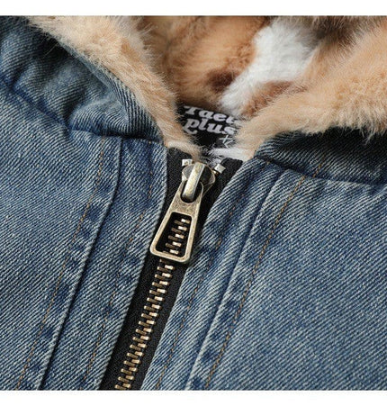 TALKLESSFASHION TaelePlus Trendy American Vintage Winter Denim Jacket Men's and Women's Leopard Print Hooded Mountain Carving Cotton Jacket TP374