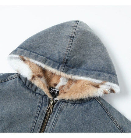 TALKLESSFASHION TaelePlus Trendy American Vintage Winter Denim Jacket Men's and Women's Leopard Print Hooded Mountain Carving Cotton Jacket TP374