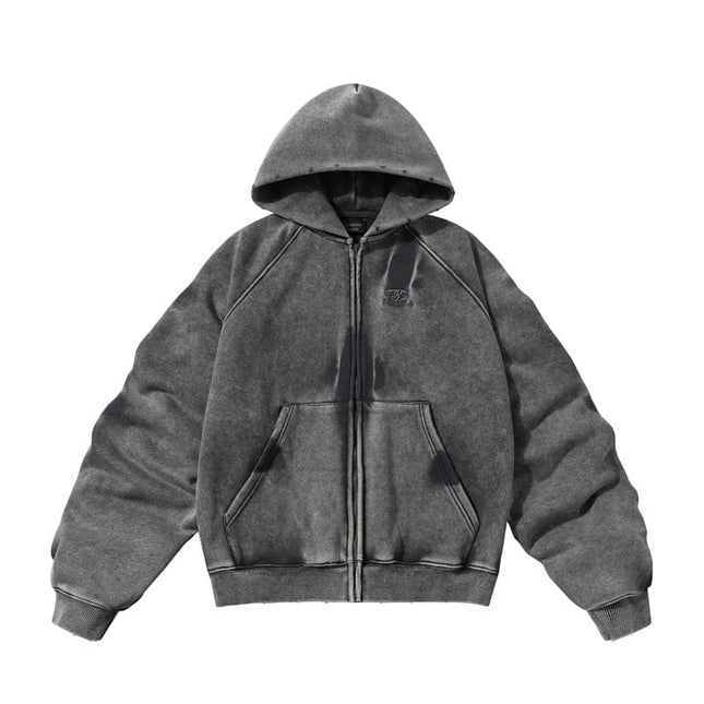 TALKLESSFASHION TALKLESS Washed Distressed ZIP-UP Hoodie—4226