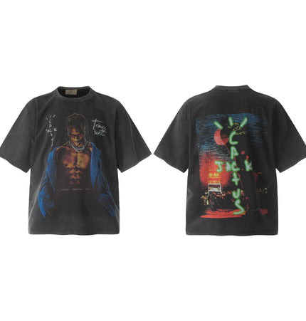 TALKLESSFASHION Travis Scottt Portrait Show-Limited Funny Print Vintage Washed Distressed Short Sleeve T-Shirt