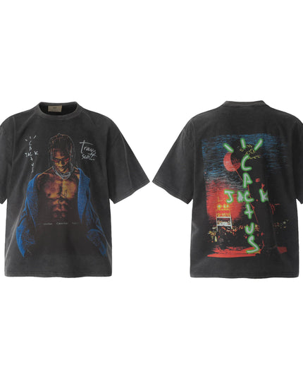 TALKLESSFASHION Travis Scottt Portrait Show-Limited Funny Print Vintage Washed Distressed Short Sleeve T-Shirt