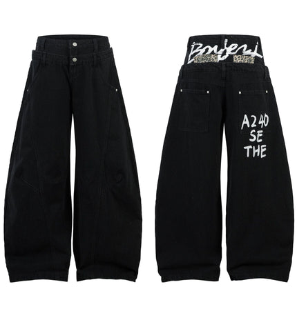 TALKLESSFASHION Trendy street letter graffiti patch leopard print fake two pieces of design scimitar wide-leg hip-hop jeans for men and women