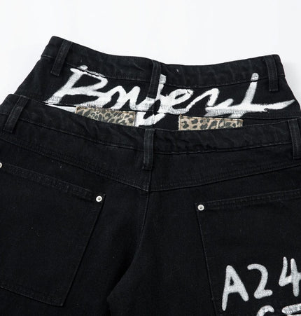 TALKLESSFASHION Trendy street letter graffiti patch leopard print fake two pieces of design scimitar wide-leg hip-hop jeans for men and women