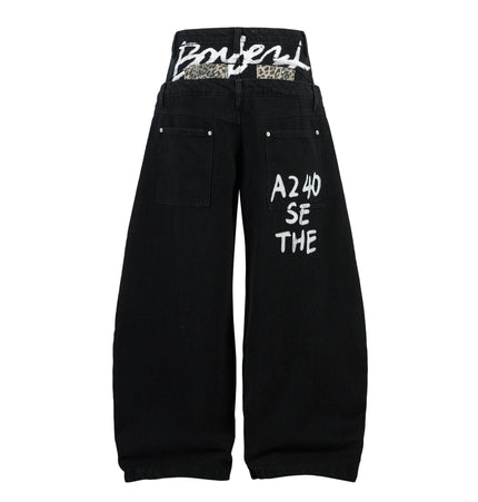 TALKLESSFASHION Trendy street letter graffiti patch leopard print fake two pieces of design scimitar wide-leg hip-hop jeans for men and women
