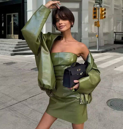 TALKLESSFASHION Vienna Love Letter American retro high-end atmosphere cool sassy PU leather jacket sexy slim bandeau skirt set