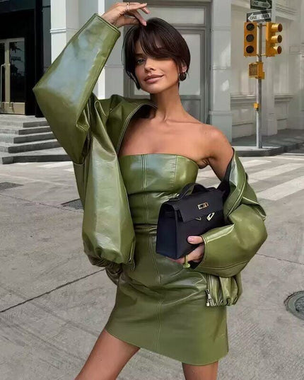 TALKLESSFASHION Vienna Love Letter American retro high-end atmosphere cool sassy PU leather jacket sexy slim bandeau skirt set