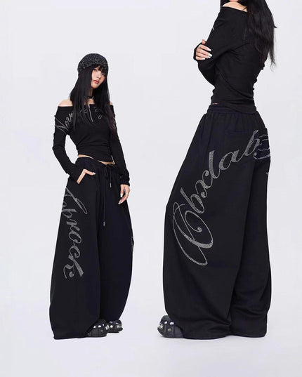 TALKLESSFASHION Vintage hip hop hot diamond black hip hop casual sweatpants women's winter design jazz dance scimitar pants