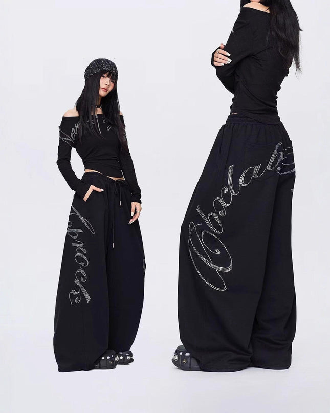 TALKLESSFASHION Vintage hip hop hot diamond black hip hop casual sweatpants women's winter design jazz dance scimitar pants
