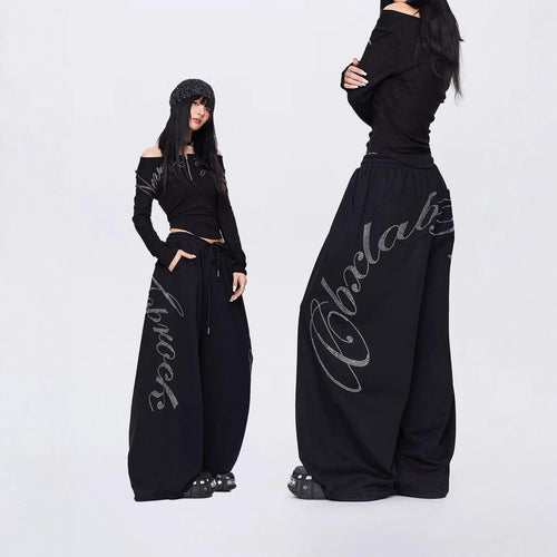 THETLSTUDIO Vintage hip hop hot diamond black hip hop casual sweatpants women's winter design jazz dance scimitar pants
