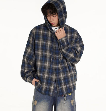 TALKLESSFASHION Vintage Plaid Hooded Long-Sleeve Shirt