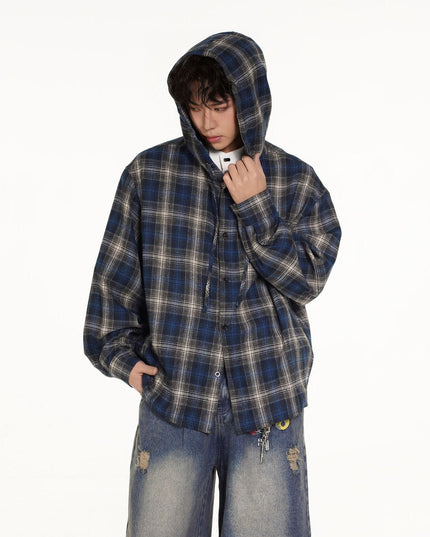 TALKLESSFASHION Vintage Plaid Hooded Long-Sleeve Shirt