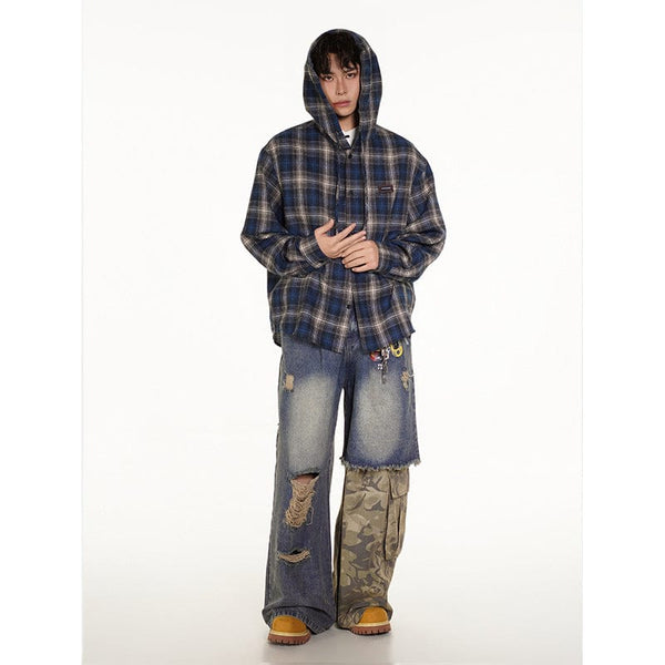 Vintage Plaid Hooded Long-Sleeve Shirt