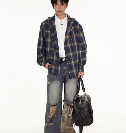 TALKLESSFASHION Vintage Plaid Hooded Long-Sleeve Shirt