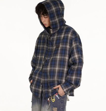TALKLESSFASHION Vintage Plaid Hooded Long-Sleeve Shirt