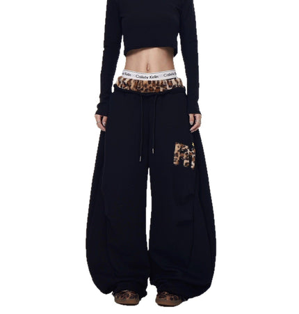 TALKLESSFASHION Vintage plush leopard print embroidered patch paneled wide-leg sweatpants women's loose casual hip hop jazz dance scimitar pants