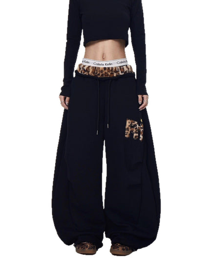 TALKLESSFASHION Vintage plush leopard print embroidered patch paneled wide-leg sweatpants women's loose casual hip hop jazz dance scimitar pants