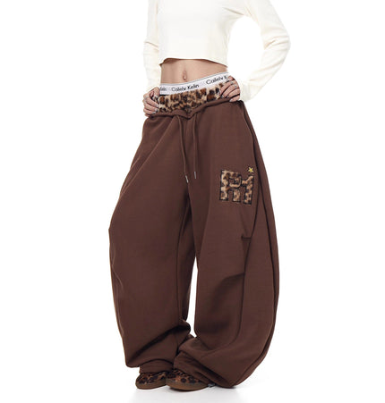 TALKLESSFASHION Vintage plush leopard print embroidered patch paneled wide-leg sweatpants women's loose casual hip hop jazz dance scimitar pants