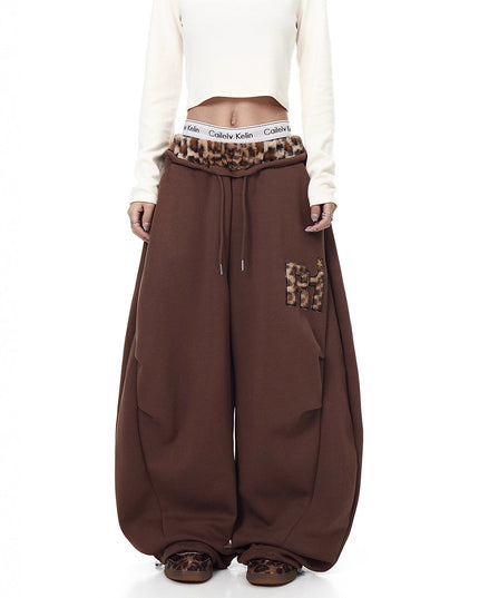 TALKLESSFASHION Vintage plush leopard print embroidered patch paneled wide-leg sweatpants women's loose casual hip hop jazz dance scimitar pants
