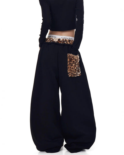 TALKLESSFASHION Vintage plush leopard print embroidered patch paneled wide-leg sweatpants women's loose casual hip hop jazz dance scimitar pants