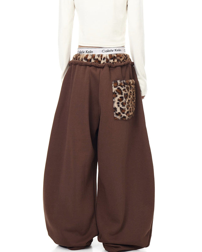 TALKLESSFASHION Vintage plush leopard print embroidered patch paneled wide-leg sweatpants women's loose casual hip hop jazz dance scimitar pants