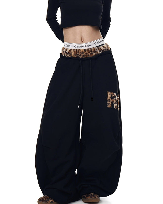 TALKLESSFASHION Vintage plush leopard print embroidered patch paneled wide-leg sweatpants women's loose casual hip hop jazz dance scimitar pants