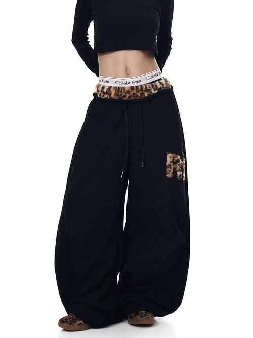 THETLSTUDIO Vintage plush leopard print embroidered patch paneled wide-leg sweatpants women's loose casual hip hop jazz dance scimitar pants