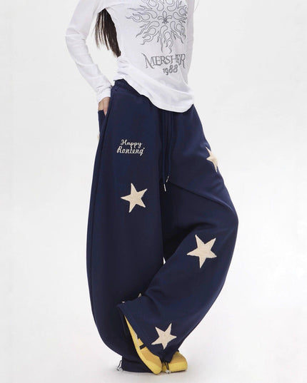 TALKLESSFASHION Vintage star embroidery patch sports street dance sweatpants for women loose and lazy wind slim wide-leg jazz dance scimitar pants
