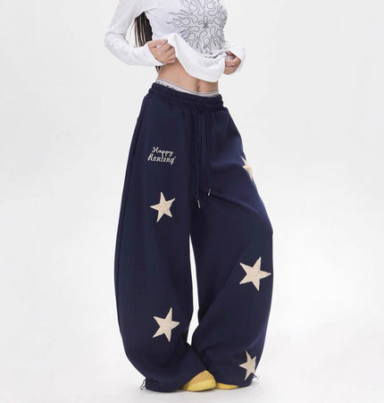 TALKLESSFASHION Vintage star embroidery patch sports street dance sweatpants for women loose and lazy wind slim wide-leg jazz dance scimitar pants