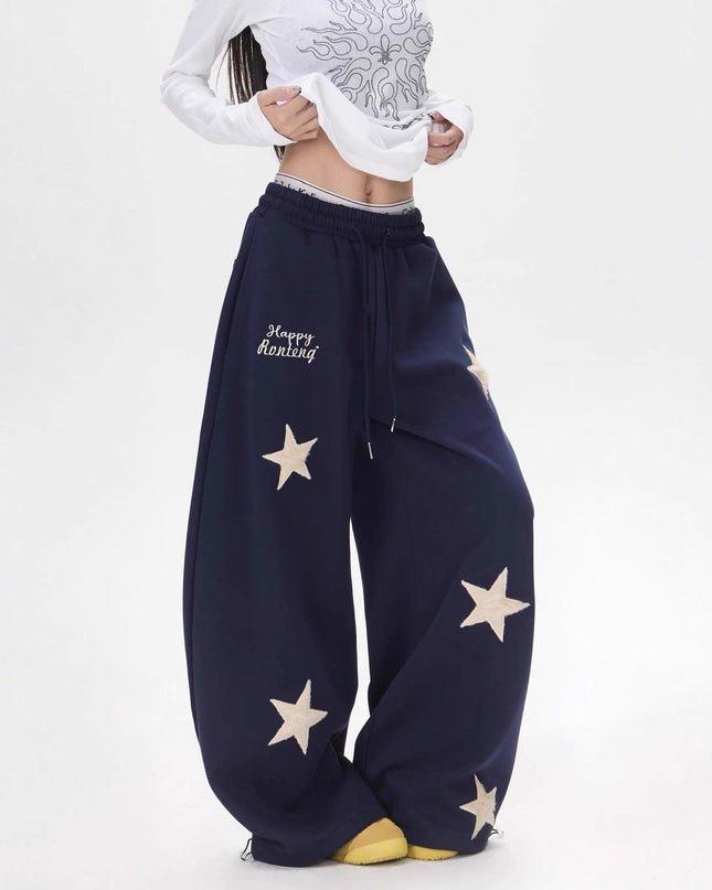 TALKLESSFASHION Vintage star embroidery patch sports street dance sweatpants for women loose and lazy wind slim wide-leg jazz dance scimitar pants