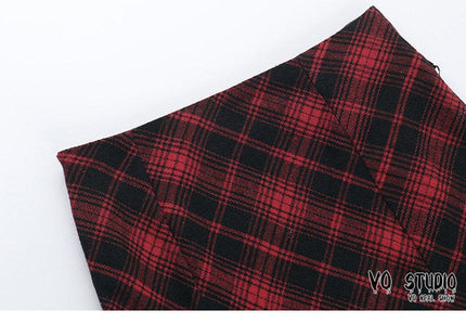 TALKLESSFASHION VOstudio 2025 spring summer new retro red and black plaid irregular skirt can be adjusted to wear more midi skirts
