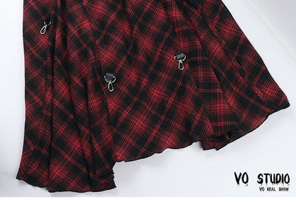 TALKLESSFASHION VOstudio 2025 spring summer new retro red and black plaid irregular skirt can be adjusted to wear more midi skirts