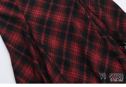 TALKLESSFASHION VOstudio 2025 spring summer new retro red and black plaid irregular skirt can be adjusted to wear more midi skirts