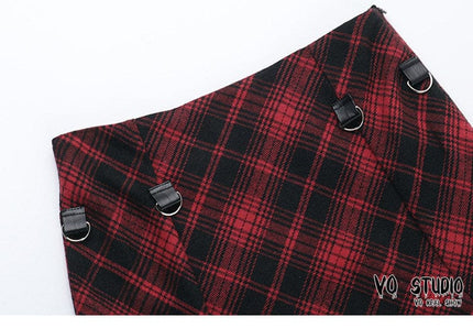 TALKLESSFASHION VOstudio 2025 spring summer new retro red and black plaid irregular skirt can be adjusted to wear more midi skirts