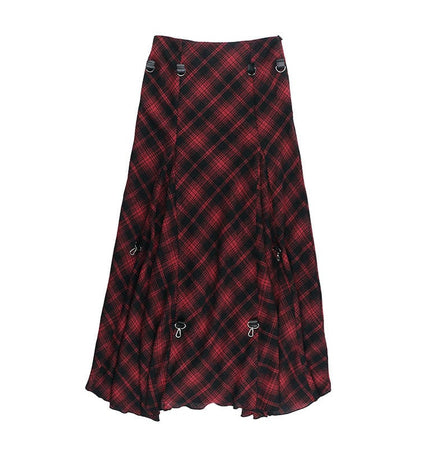 TALKLESSFASHION VOstudio 2025 spring summer new retro red and black plaid irregular skirt can be adjusted to wear more midi skirts