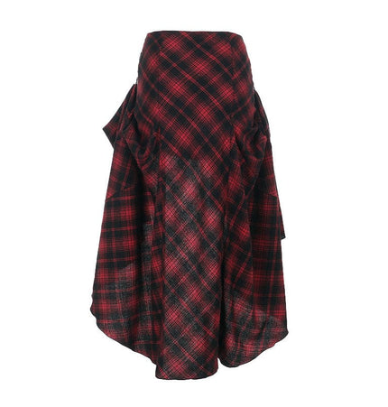 TALKLESSFASHION VOstudio 2025 spring summer new retro red and black plaid irregular skirt can be adjusted to wear more midi skirts