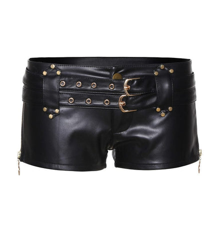 TALKLESSFASHION VOstudio biker babes sexy low rise PU leather double belt shorts slim fit skinny punk hot pants female summer
