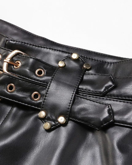TALKLESSFASHION VOstudio biker babes sexy low rise PU leather double belt shorts slim fit skinny punk hot pants female summer