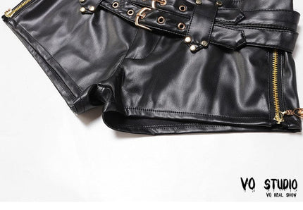 TALKLESSFASHION VOstudio biker babes sexy low rise PU leather double belt shorts slim fit skinny punk hot pants female summer