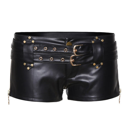 TALKLESSFASHION VOstudio biker babes sexy low rise PU leather double belt shorts slim fit skinny punk hot pants female summer