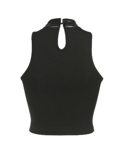 TALKLESSFASHION VOstudio cool hot girl biker style turtleneck vest functional lace-up design PU leather sleeveless top for women