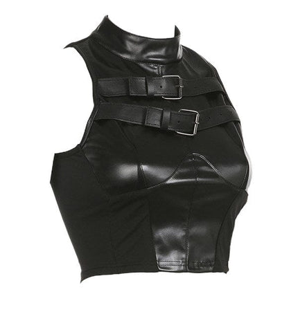 TALKLESSFASHION VOstudio cool hot girl biker style turtleneck vest functional lace-up design PU leather sleeveless top for women