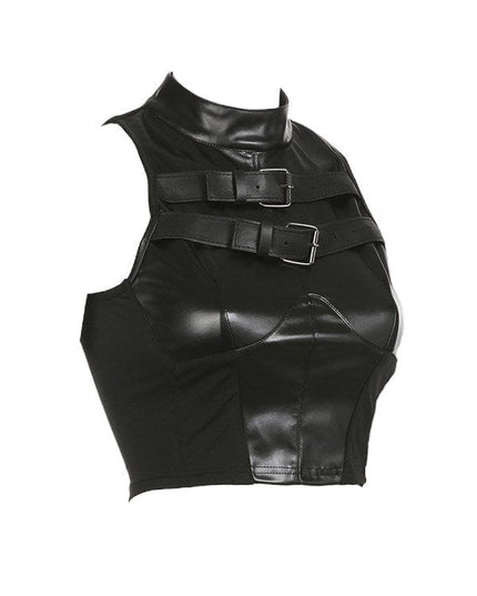 TALKLESSFASHION VOstudio cool hot girl biker style turtleneck vest functional lace-up design PU leather sleeveless top for women