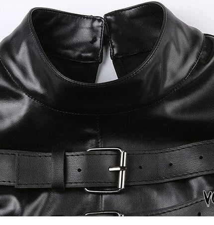 TALKLESSFASHION VOstudio cool hot girl biker style turtleneck vest functional lace-up design PU leather sleeveless top for women