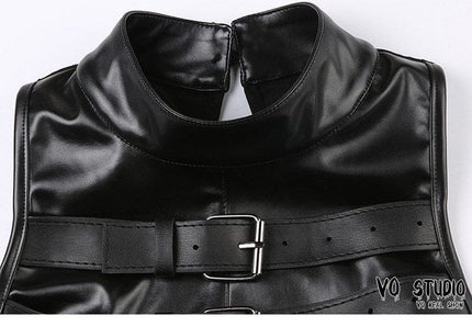 TALKLESSFASHION VOstudio cool hot girl biker style turtleneck vest functional lace-up design PU leather sleeveless top for women