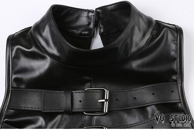 TALKLESSFASHION VOstudio cool hot girl biker style turtleneck vest functional lace-up design PU leather sleeveless top for women