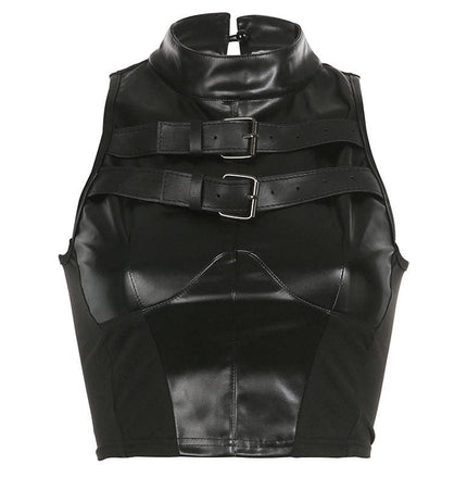 TALKLESSFASHION VOstudio cool hot girl biker style turtleneck vest functional lace-up design PU leather sleeveless top for women